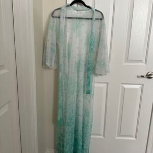 Vintage 70s Sheer Chiffon Hostess Robe Floral Ombre Caftan Boho Duster Maxi